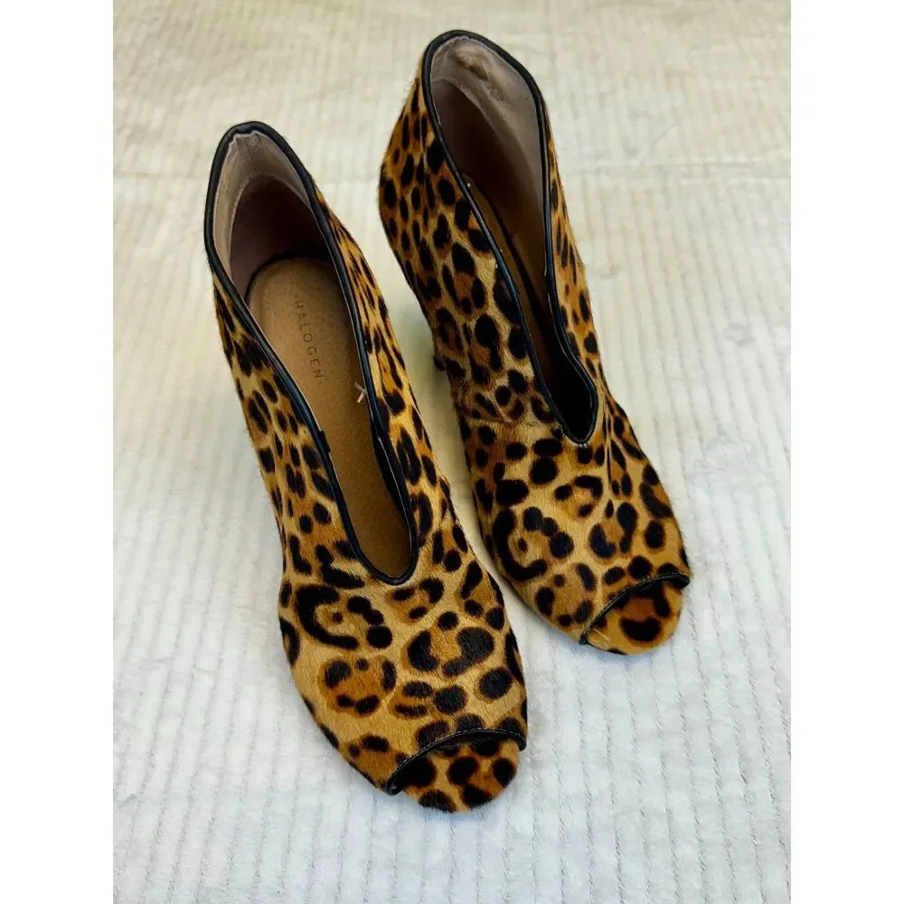 HALOGEN Genuine Calf Hair Leopard Peep Toe Booties, Sz 8.5M